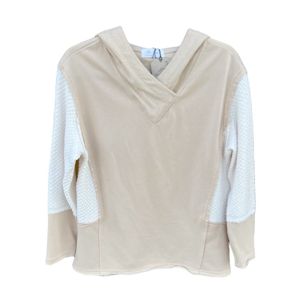 NWT Liam & Co Hudson Textured Sleeve Raw‎ Hem Hoodie Size Small White Parchment